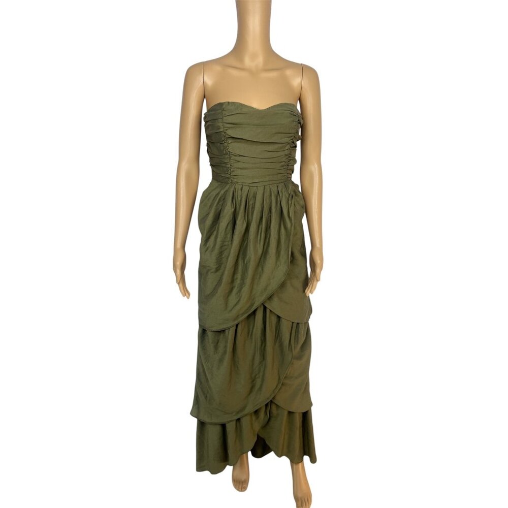 Lena The Rose Petals Dress Sage Green Tiered Strapless Maxi Sweetheart Layered